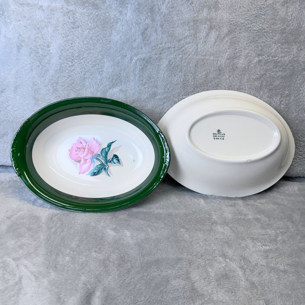 Vintage Nautilus Rose Oval Bowls Grannycore Set of 2 Green Rim Floral Made USA - Picture 3 of 12